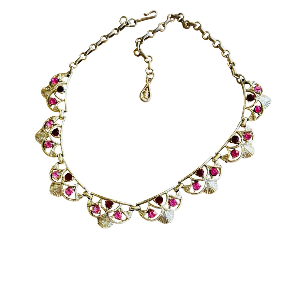 VTG Pink Red Necklace Coro Signed Crystal Rhinestone Choker Glam Elegant 60s 16"